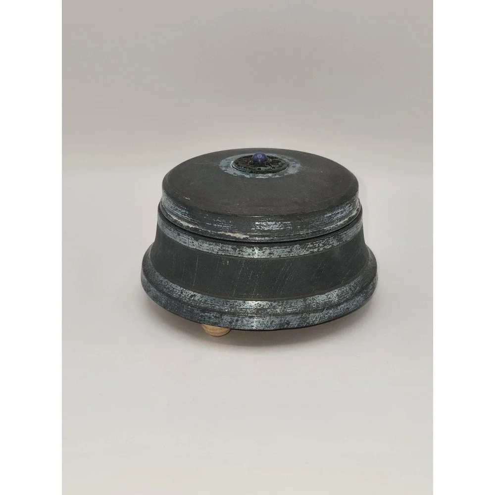 Musical Powder Box Metal Patina Blue Stone Round‎ Footed Vanity Box